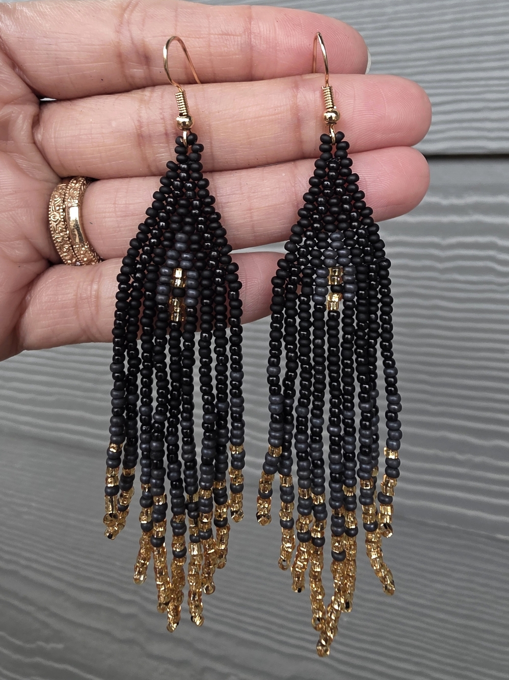 Whimsical Goth Boho Fringe Beaded Earrings Handmade Seed Bead - Gold Black